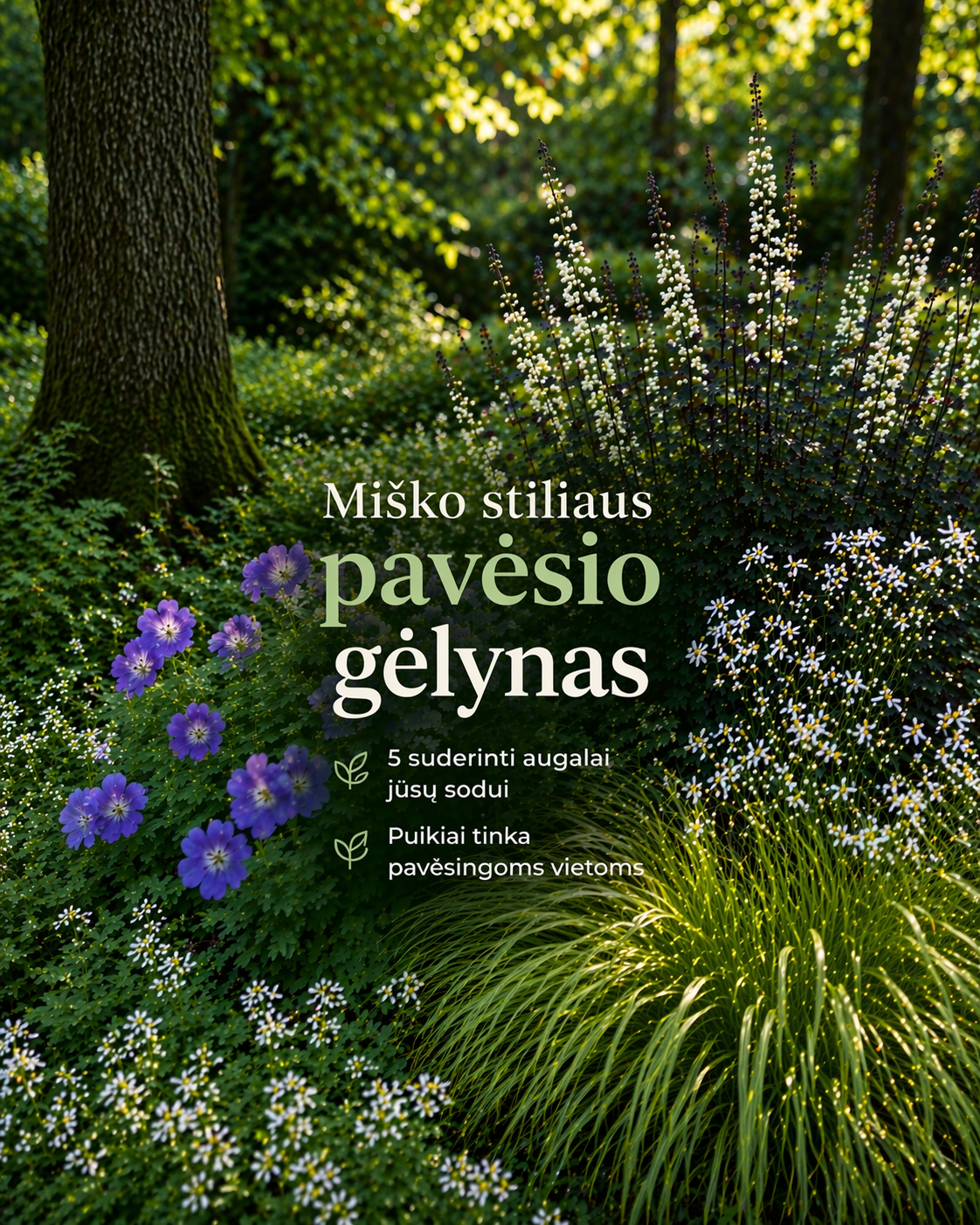 Miško stiliaus pavėsio gėlynas